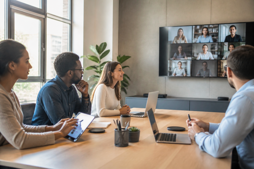 Personnes en formation en ligne collaborant dans un bureau moderne