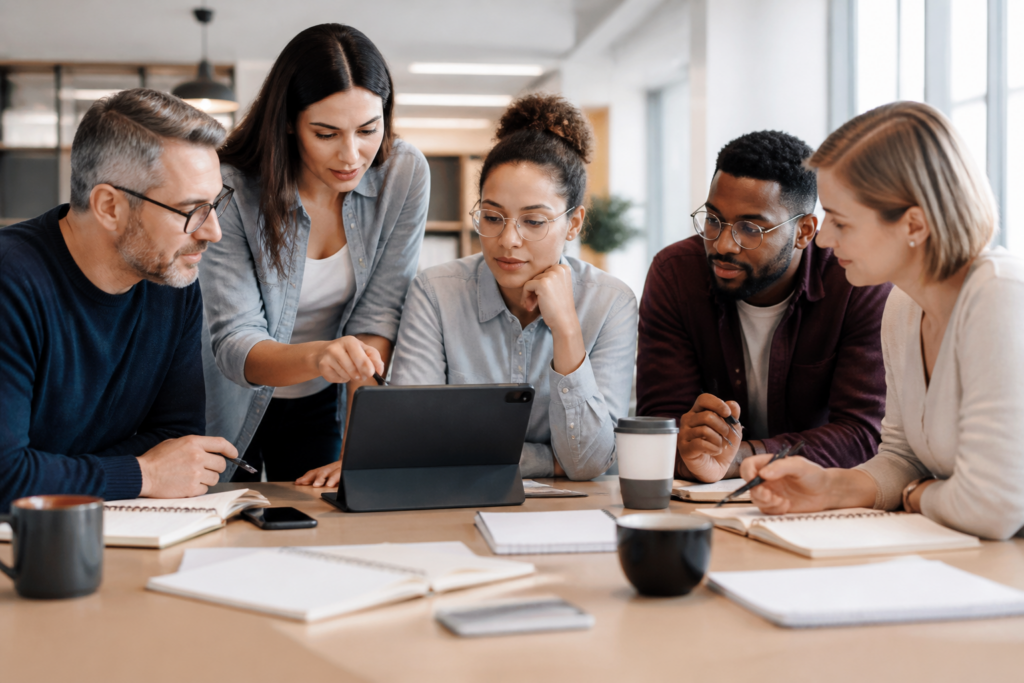 Personnes en formation professionnelle collaborative en bureau moderne