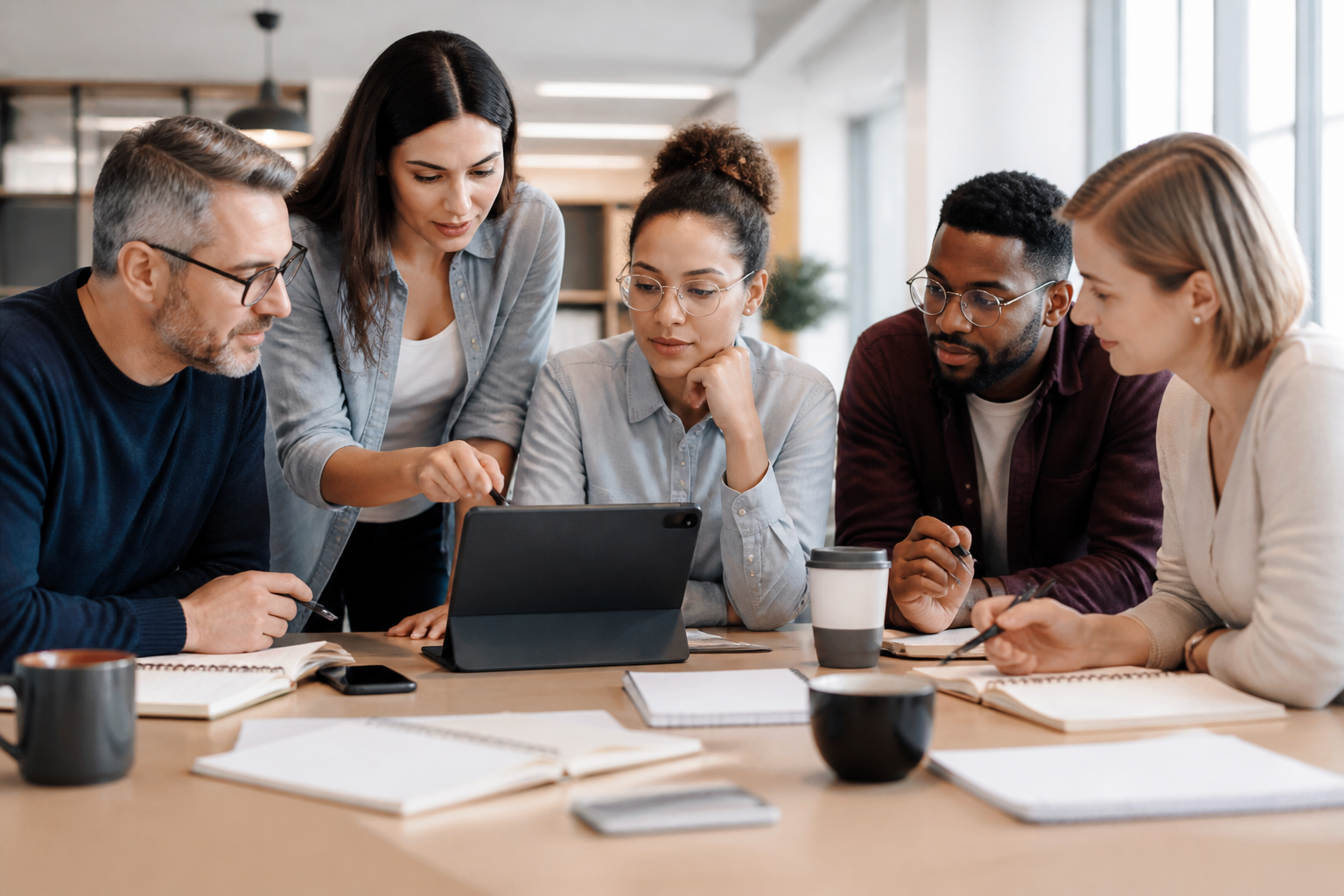 Personnes en formation professionnelle collaborative en bureau moderne