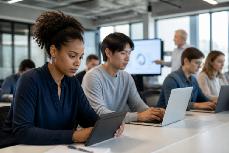 Groupe de personnes en formation professionnelle en contexte moderne