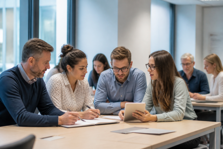 Personnes en formation professionnelle en réunion dans un bureau moderne