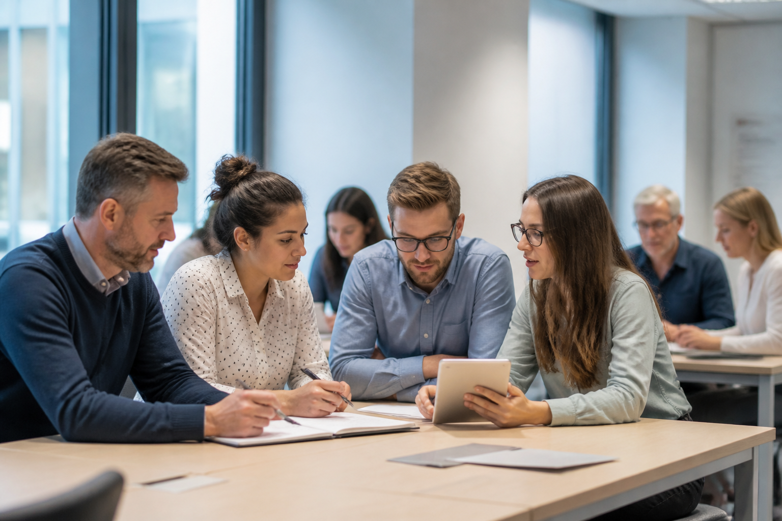 Personnes en formation professionnelle en réunion dans un bureau moderne