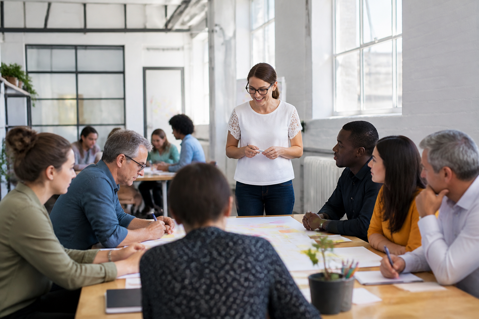 Session de formation en groupe dans un atelier moderne
