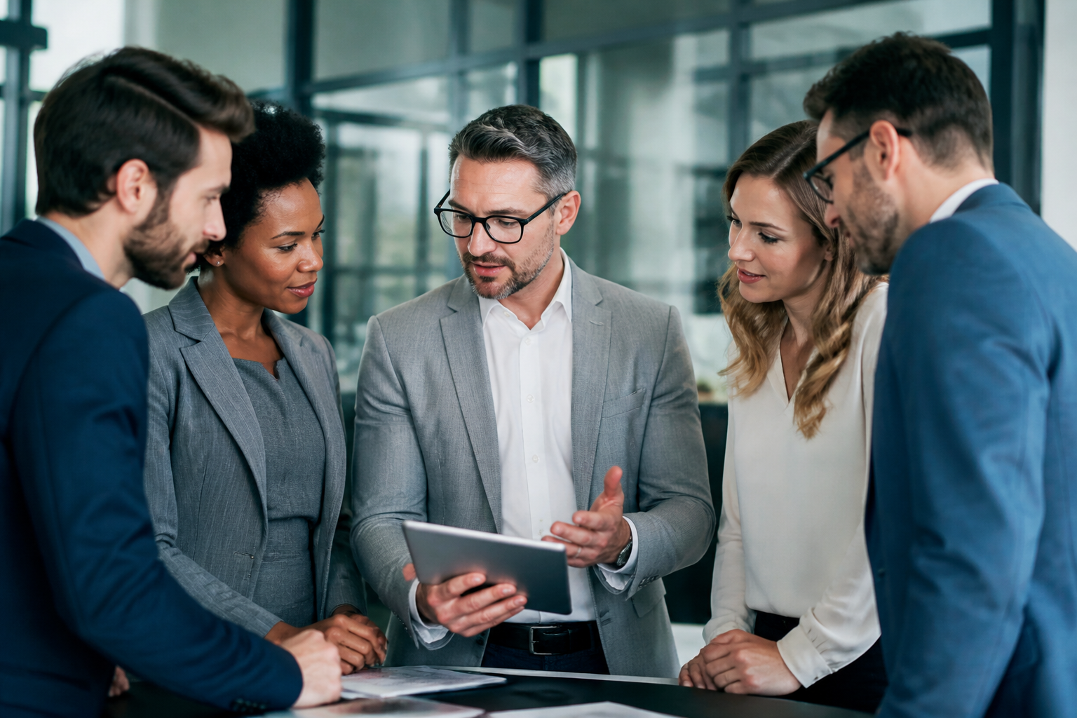 Managers en réunion utilisant une tablette pour planifier une formation