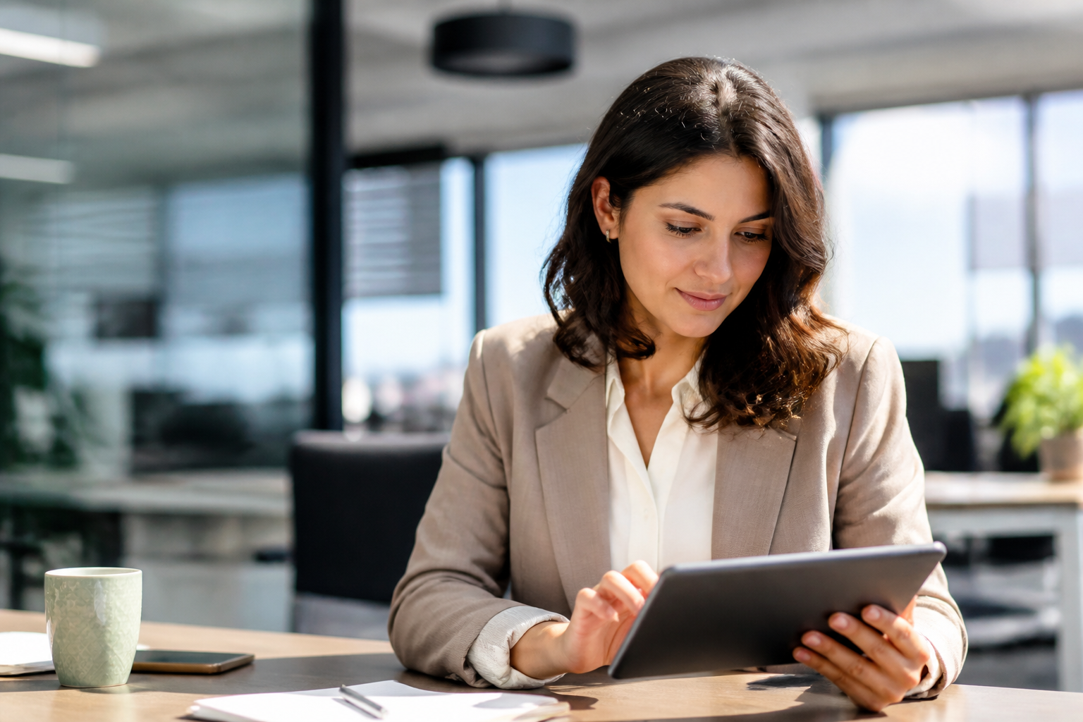 Femme consultant des formations professionnelles sur une tablette au bureau