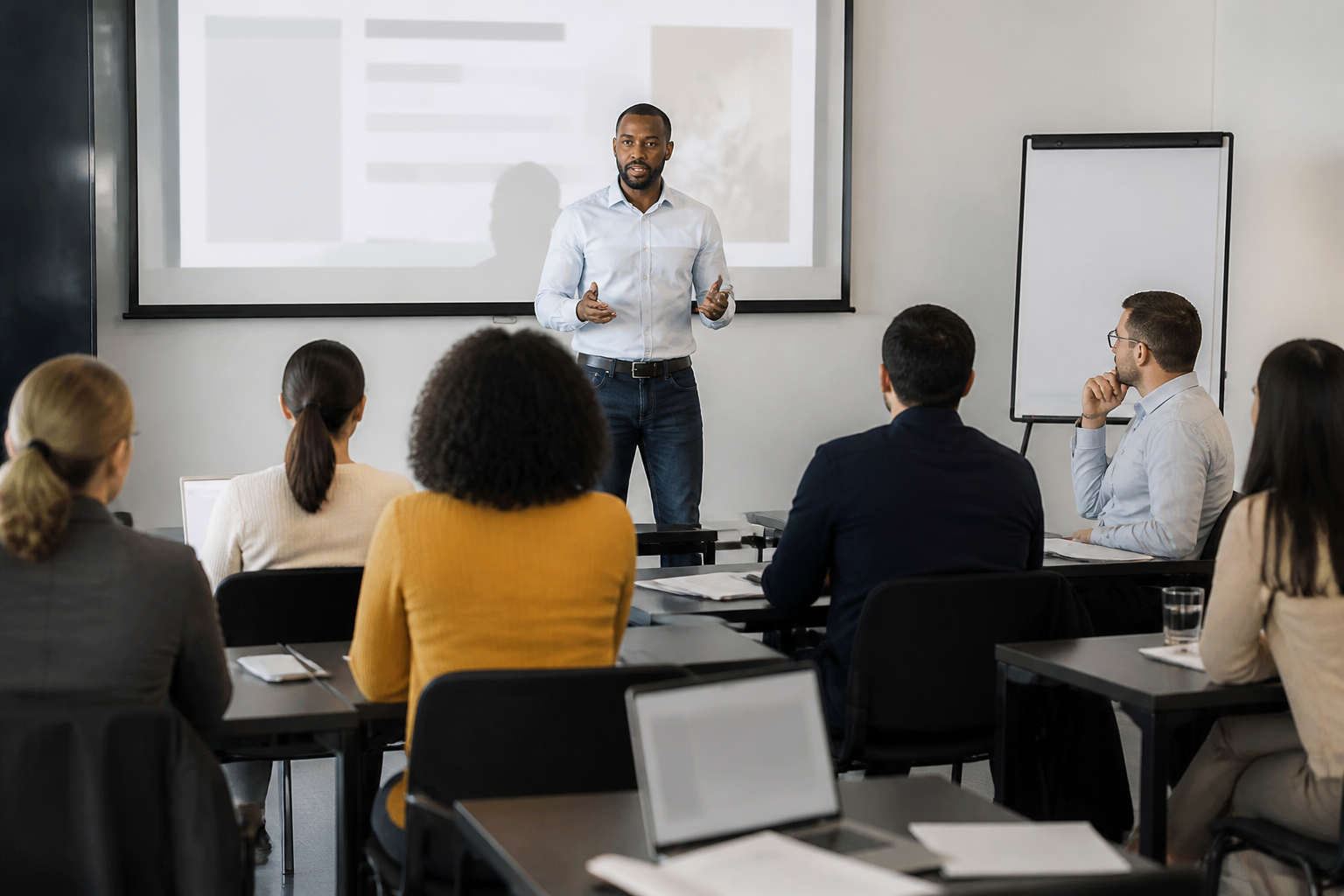 Atelier de formation continue avec un formateur et des apprenants en salle