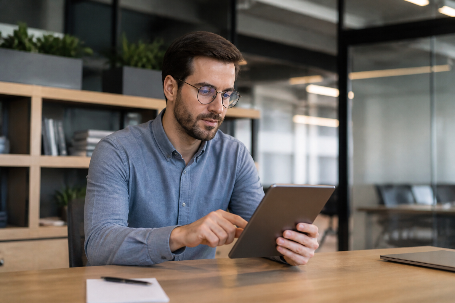 Manager en formation digitale utilisant une tablette dans un bureau moderne