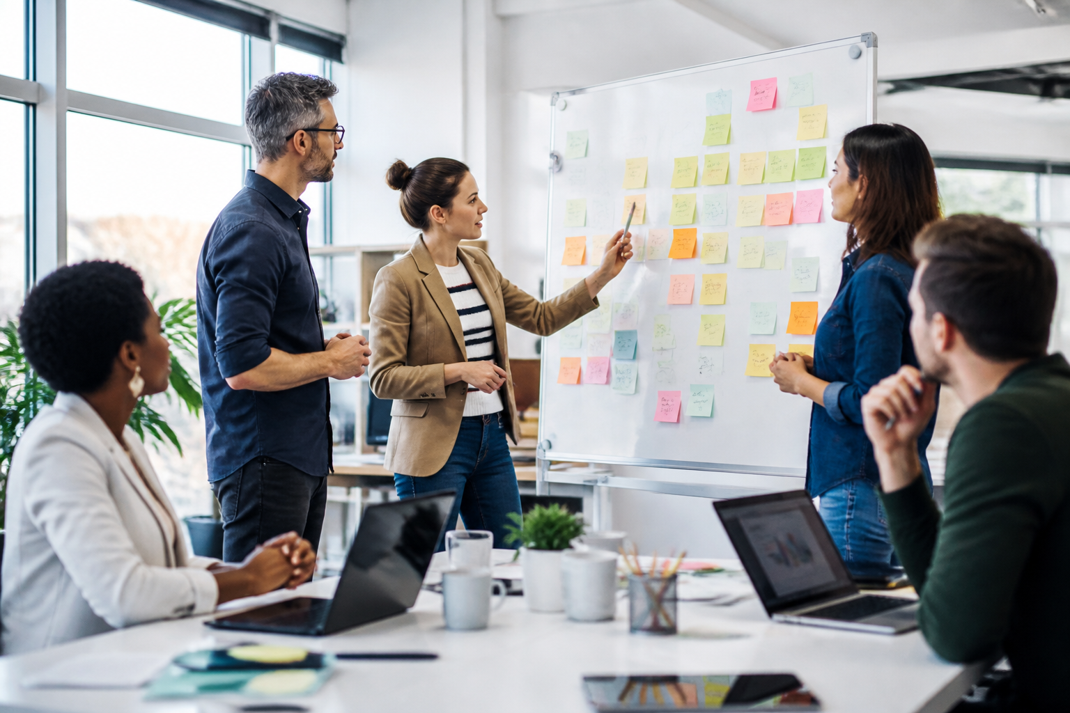 Atelier collaboratif sur l'innovation digitale et management dans un bureau moderne
