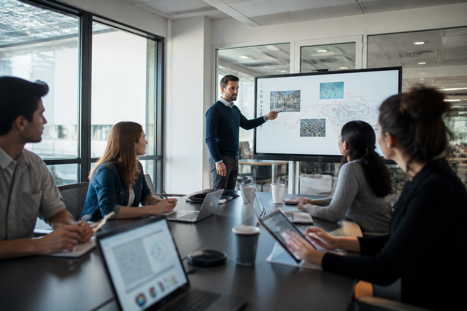 Atelier de formation certifiante avec formateur et tableau blanc connecté