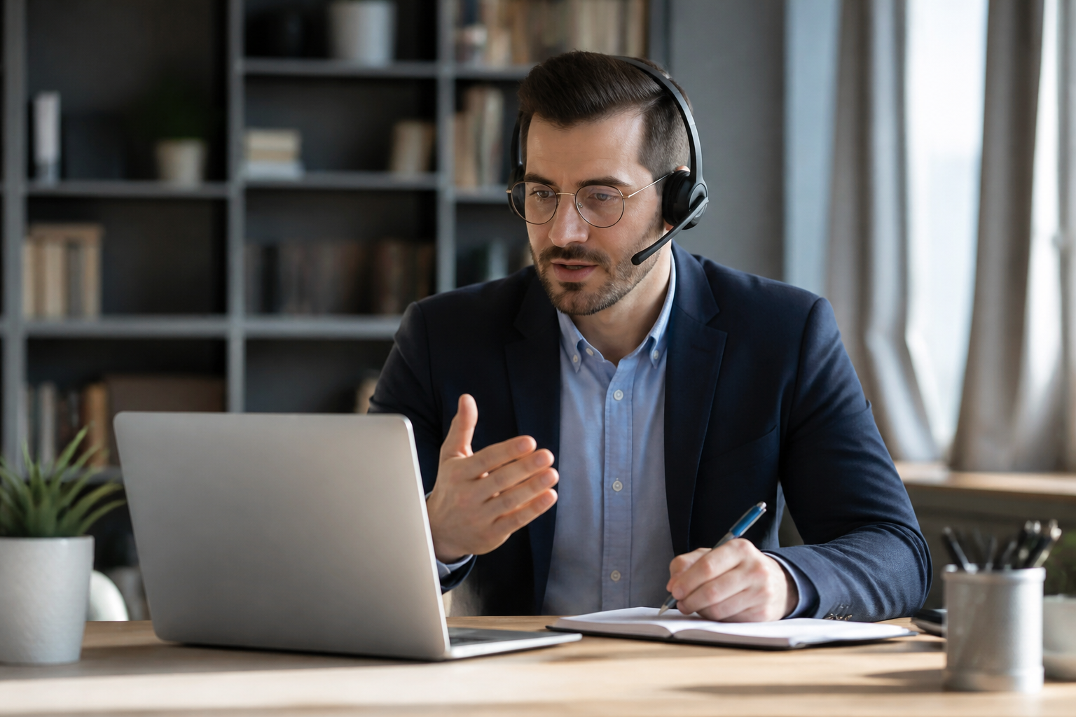 Manager en visioconférence avec ordinateur portable et prise de notes