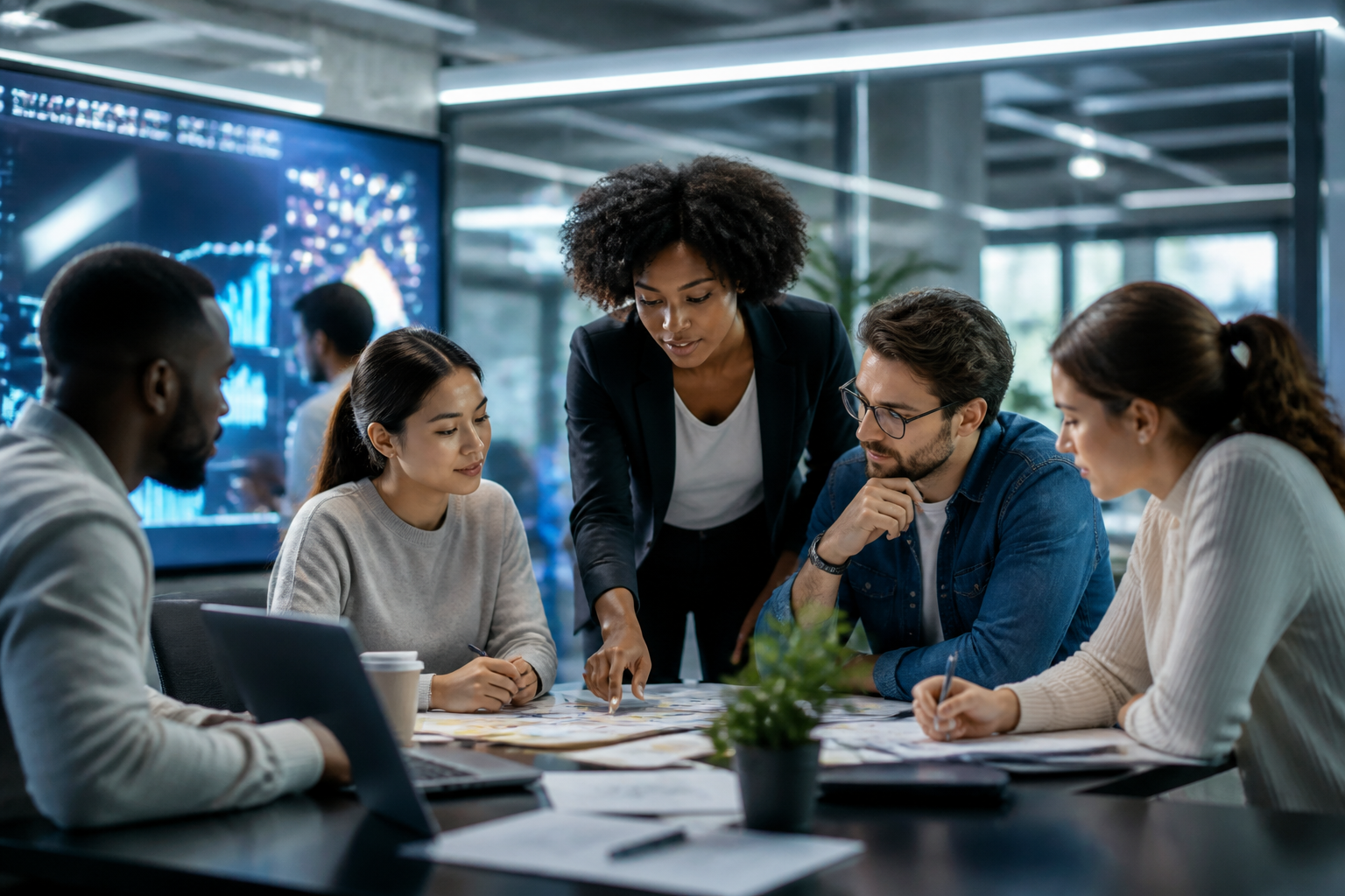 Atelier collaboratif en formation professionnelle dans un environnement de bureau moderne
