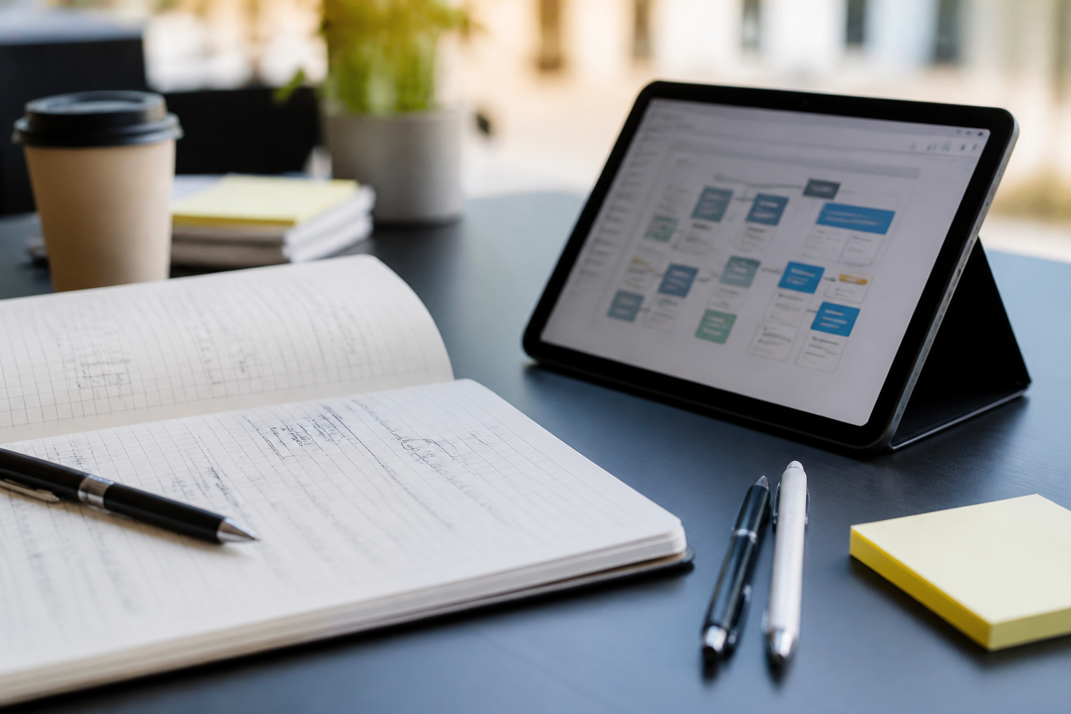 Carnet et tablette avec plan de formation professionnelle devant un bureau